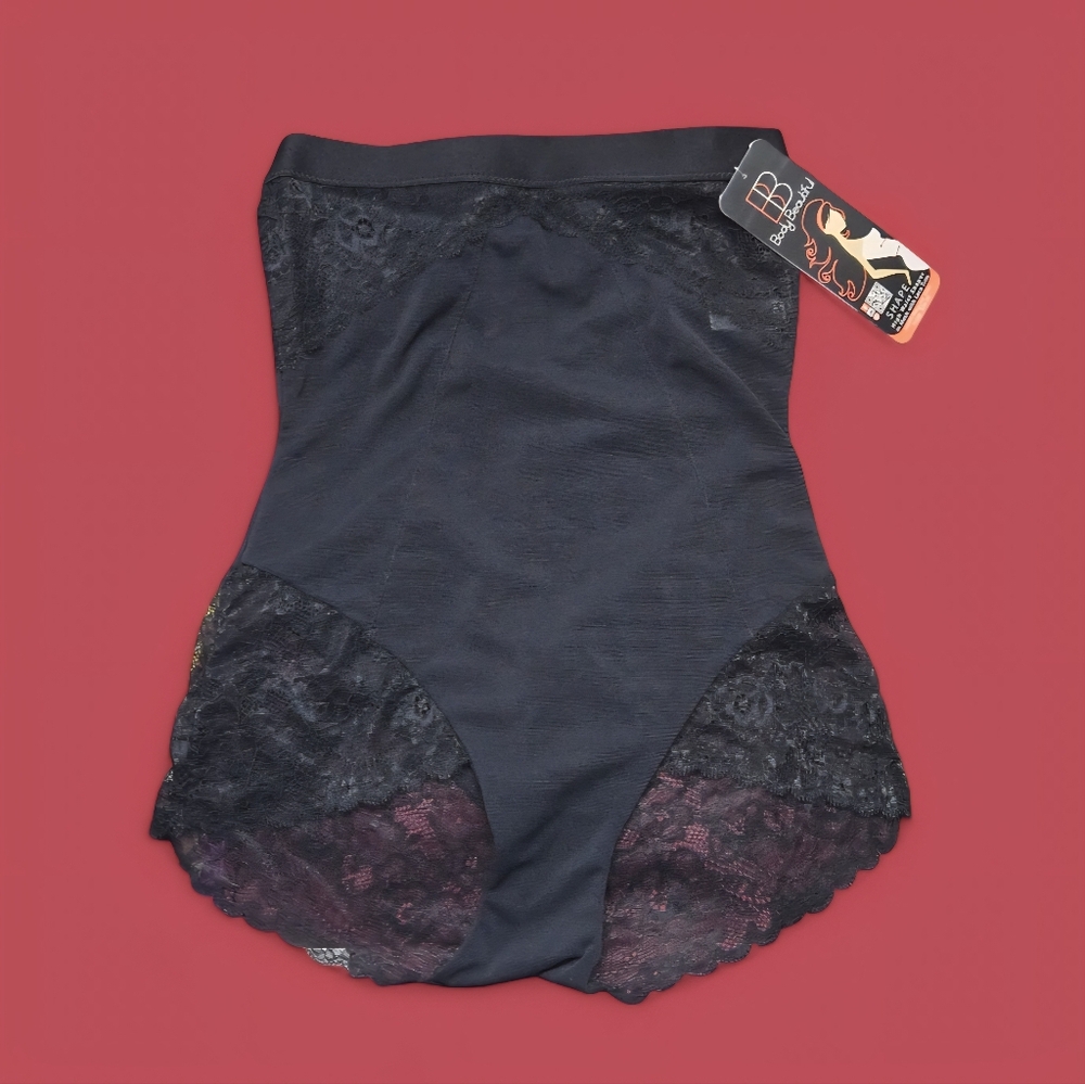 Body Beautiful Shapewear High Waist Shaper in Mesh w Lace Trim Sz Large Black